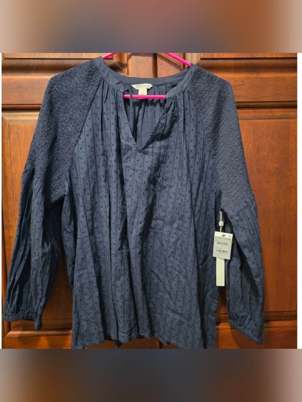 Navy Textured Long Sleeve Blouse